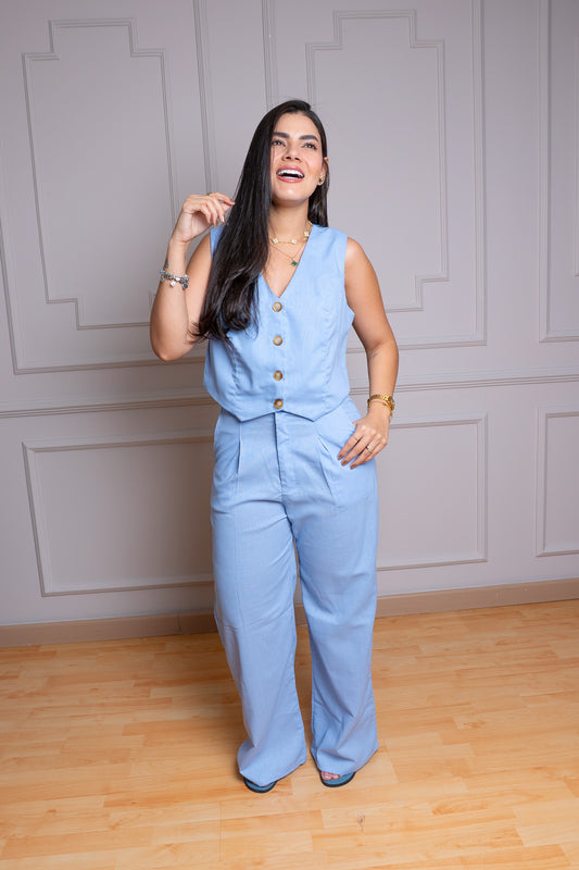 Set Chaleco Pantalón Azul en Lino